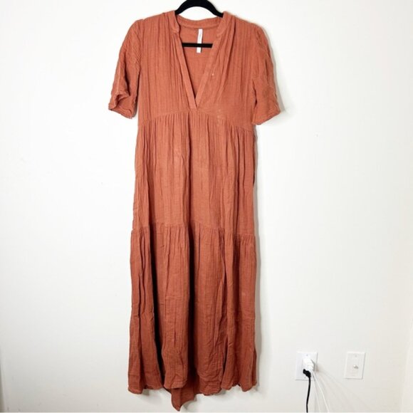 Anthropologie Kallie Flowy Maxi Dress Brown Crinkled Cotton Gauze Empire Waist - Picture 4 of 16